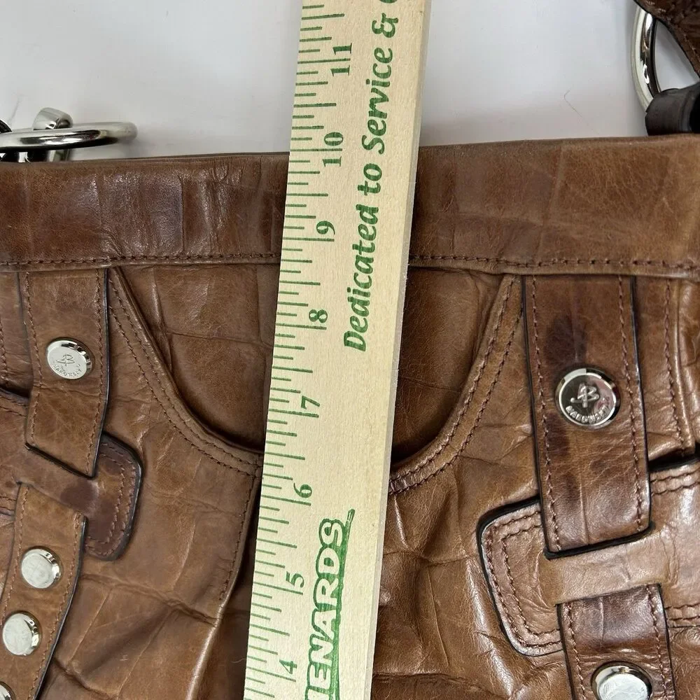 B. Makowsky Women's Cognac Brown Croco Embossed Leather Studded Crossbody Bag - Picture 10 of 12